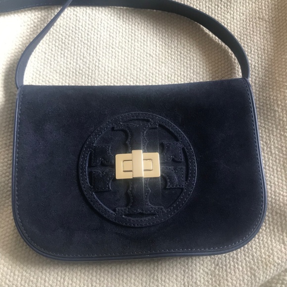 Tory Burch Crossbody Clutch Bag Navy Blue Gloria Suede turnlock embossed gold - Picture 5 of 16